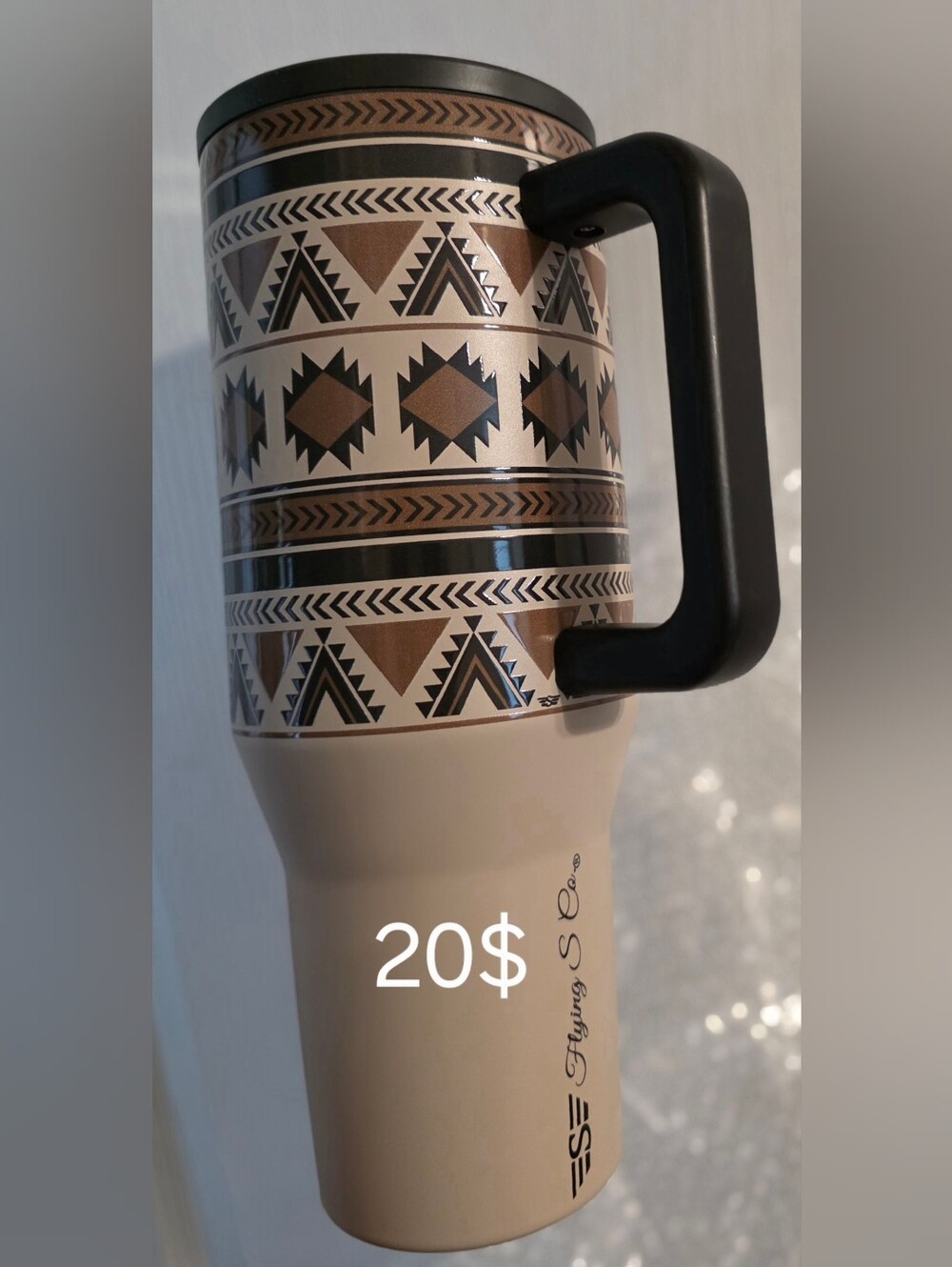 Aztec Pattern Travel Mug - Tan & Black